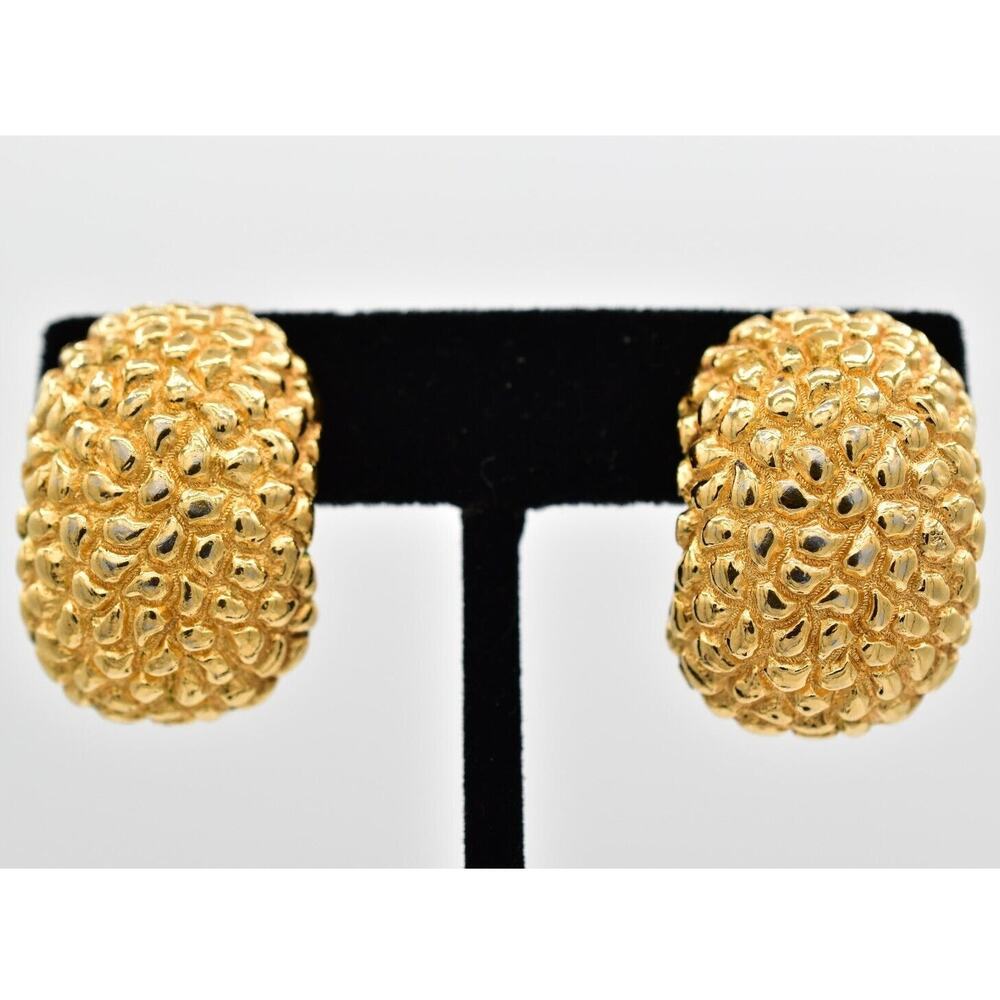 Christian Dior Vintage Clip On Earrings Pebbled Gold Chunky Signed 1980s BinAF